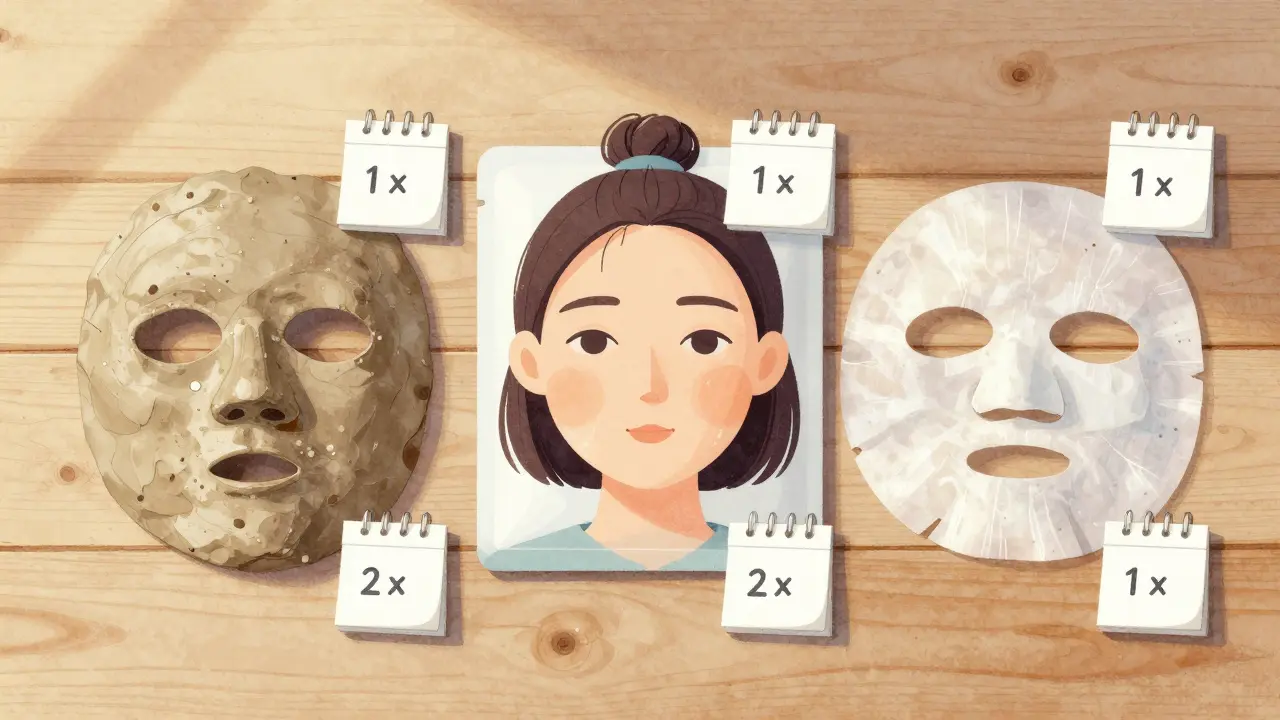 Tři typy obličejových masiek na dřevěné ploše s kalendářem označujícím frekvenci použití.