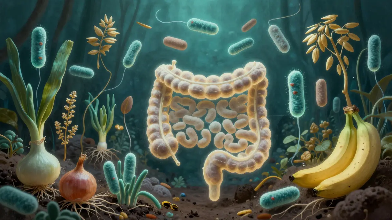 Vizualizace střevního mikrobiomu jako podzemní zahrady s bakteriemi a vlákninou