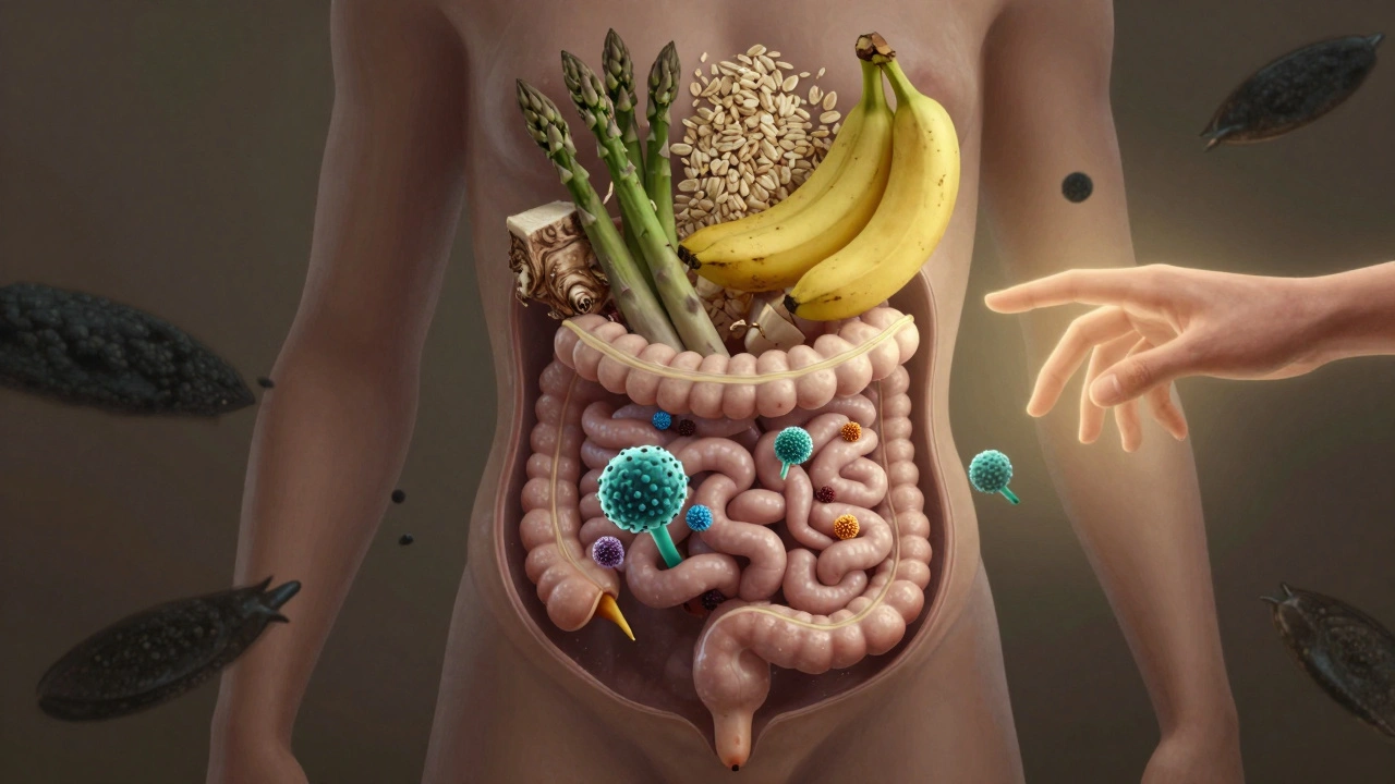 Vnitřní pohled na střevo s prospěšnými bakteriemi a prebiotickými potravinami.