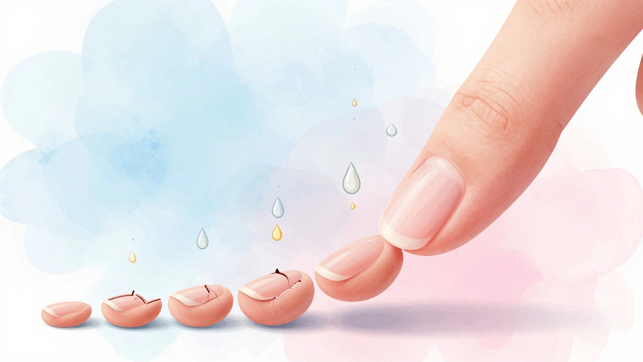 Vývoj přirozeného nehtu od poškozeného ke zdravému s kapkami oleje a vitamínů.