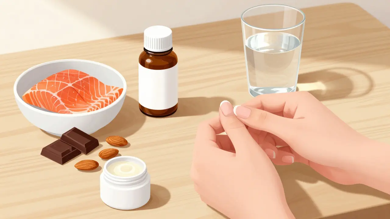 Zdravá strava pro silné nehty: losos, mandle, černá čokoláda a krém na nehty.