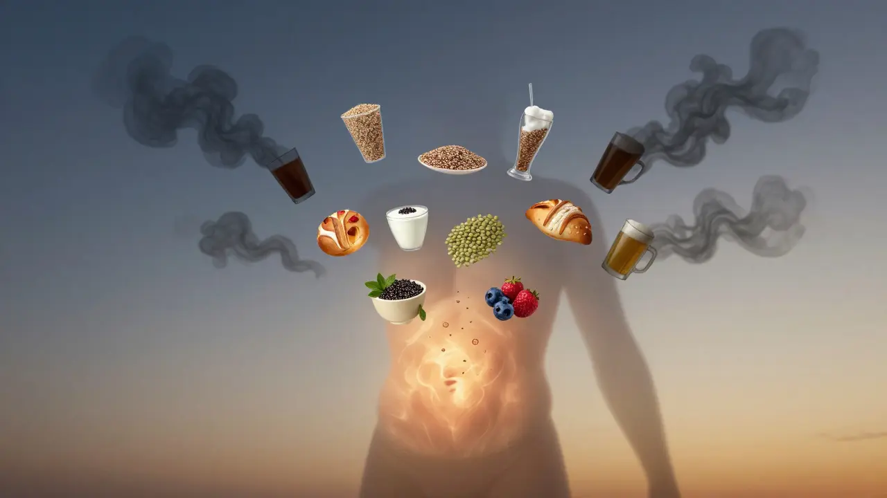 Zdravé potraviny jako quinoa, čočka a kefír se vznášejí nad břichem, zatímco sladké nápoje a pečivo jsou odstraněny.