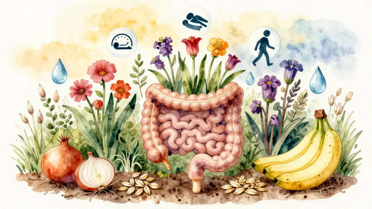 Zdravý střevní mikrobiom jako zahrada s prebiotiky a příznaky zdravého životního stylu.