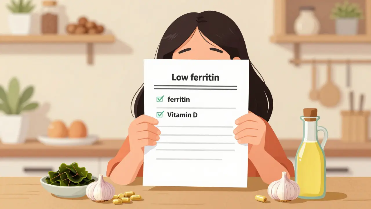 Žena drží výsledky krevního testu s nízkým železem a vitamínem D, kolem ní přírodní léčivá prostředky.