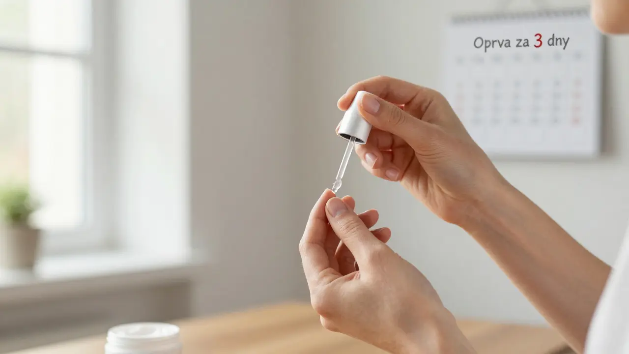 Žena nanáší průhledný lak na výpotek doma, vedle ní krém na nehty a sluneční světlo.