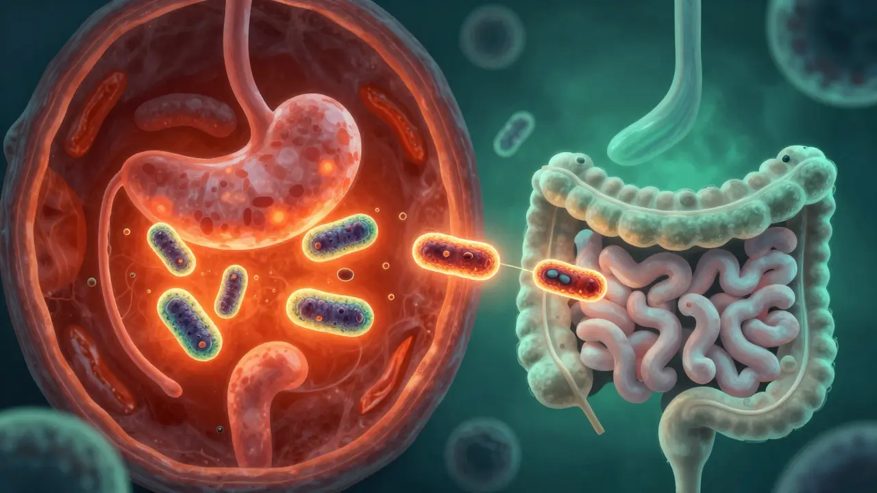 Živé laktobacily cestují skrz trávicí systém, vyhýbají se kyselině.