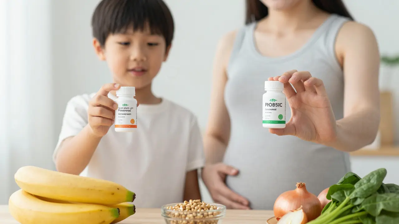 Dítě a těhotná žena drží probiotika, kolem nich zelené potraviny jako banány a cibule, symbolizující bezpečnou podporu.