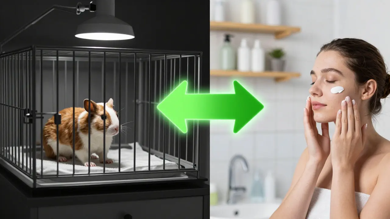 Dvě části: temná laboratoř s testováním na zvířatech a jasný koupelna s přírodní kosmetikou.