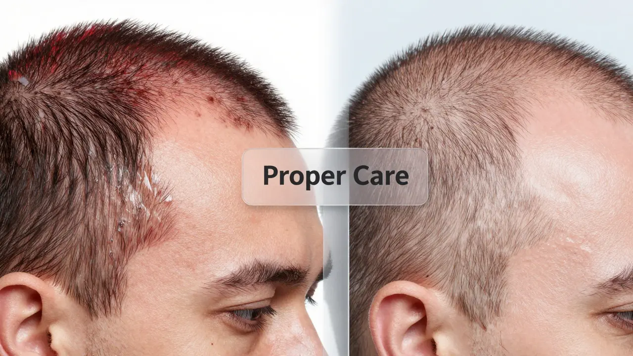 Dvě strany kůže hlavy: jedna znečištěná a zánětlivá, druhá zdravá a čistá, oddělené symbolickou bariérou.