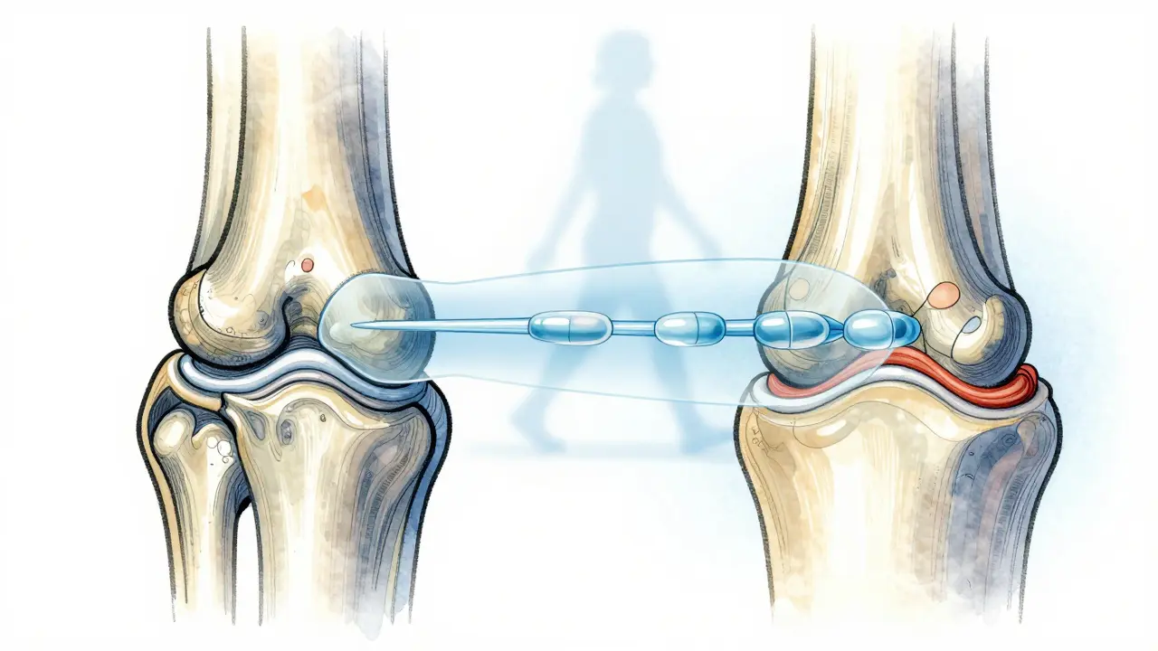 Ilustrace kloubu s porovnáním zdravé a poškozené chrupavky, kterou obnovují kolagenové peptidy.