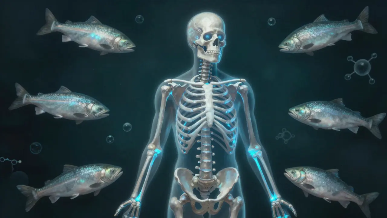 Kosterní struktura s viditelnými kolagenovými vlákny a rybími šupinami.