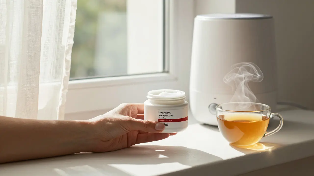 Krém s ceramidy a močovinou na windowsillu vedle vlhčiče a čaje v domácím prostředí.