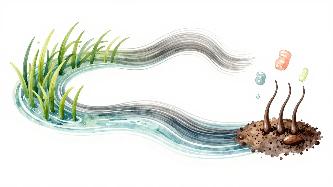 Kruhová ilustrace cyklu růstu vlasů jako toku řeky.