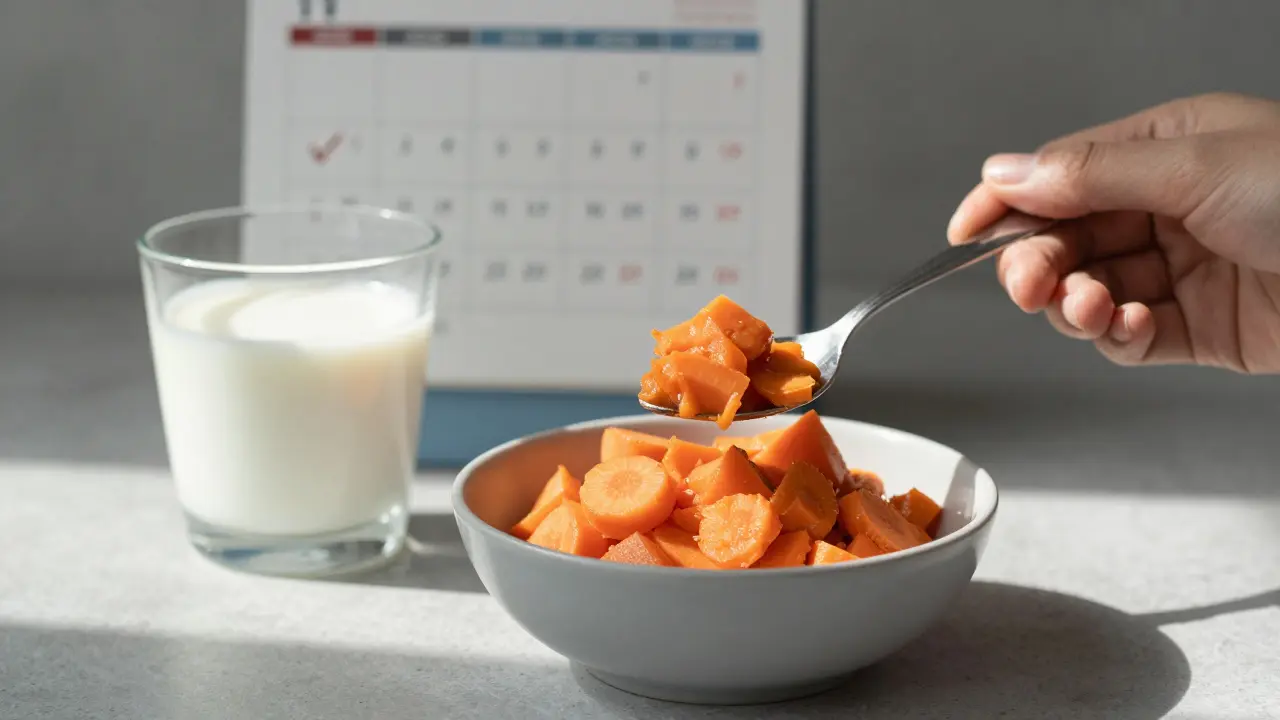 Lžíce kvasené mrkve a kefír na stole s označeným kalendářem