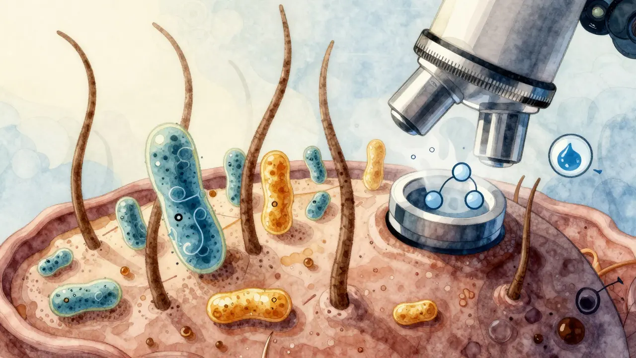 Mikroskopický pohled na rovnováhu užitečných bakterií a kvasinek na vlasové pokožce, zatímco chemické látky mizí.