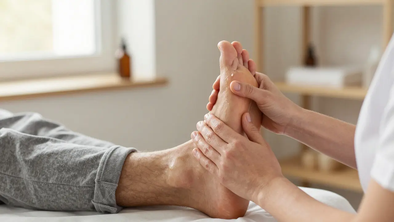 Muž si nechává ošetřit nohy bez laku, důraz na hygienu a péči o kůži v minimalistickém prostředí.