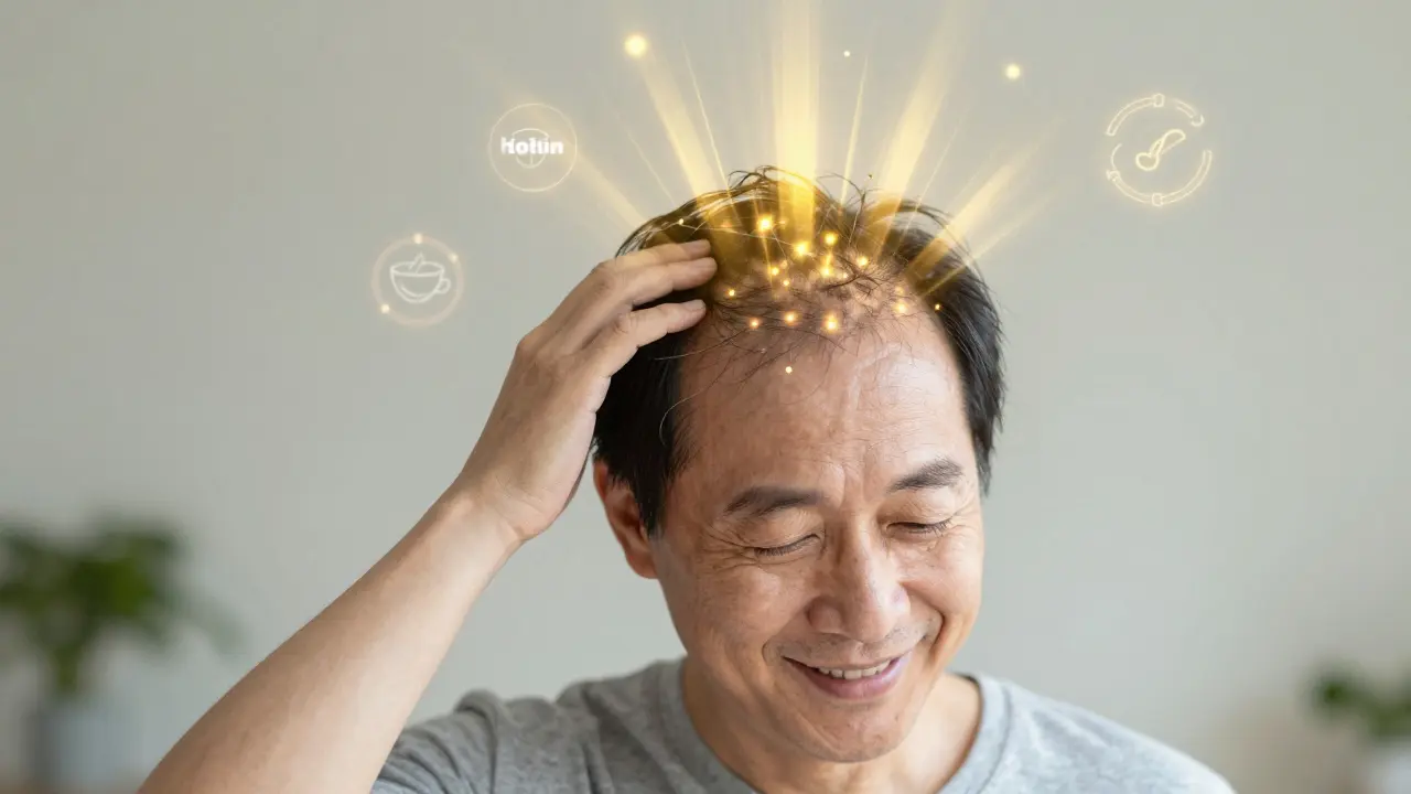 Osoba s hustšími vlasy, z hlavy vychází zlaté paprsky symbolizující regeneraci vlasových folikulů.