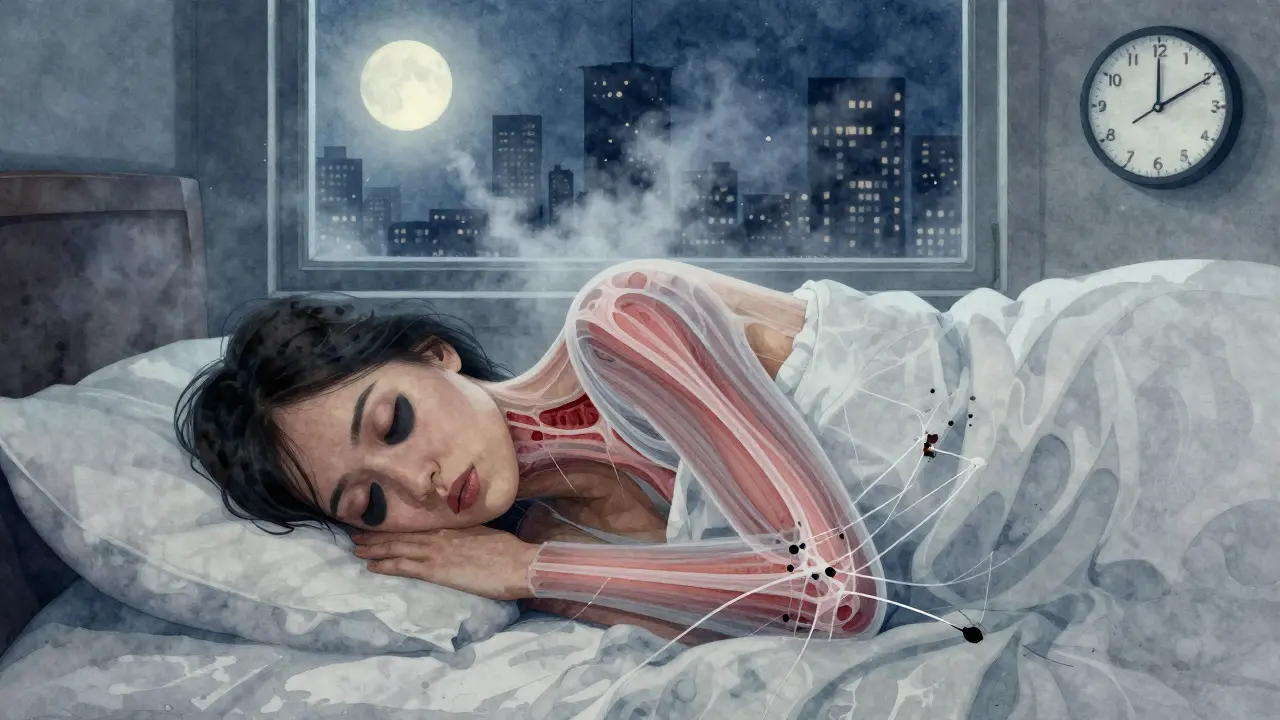 Osoba spí s tmavými kruhy pod očima, znečištění se blíží k oknu.