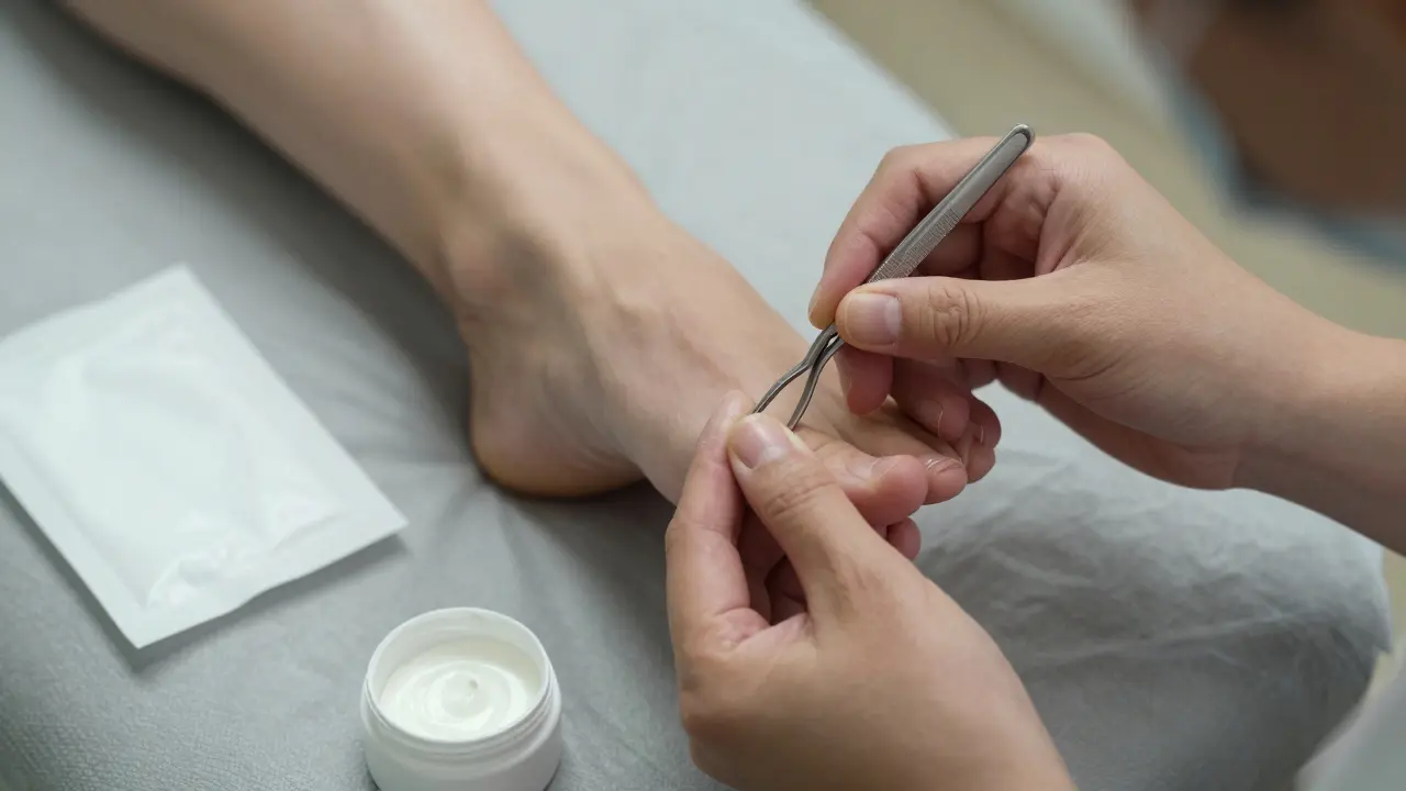 Pedikérka jemně opravuje zarůstající nehet pomocí speciálního nástroje.