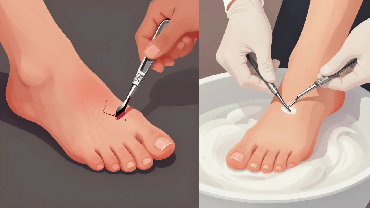 Porovnání levné a profesionální pedikúry: jedna způsobuje podráždění, druhá poskytuje hladkou kůži a lesklé nehty.