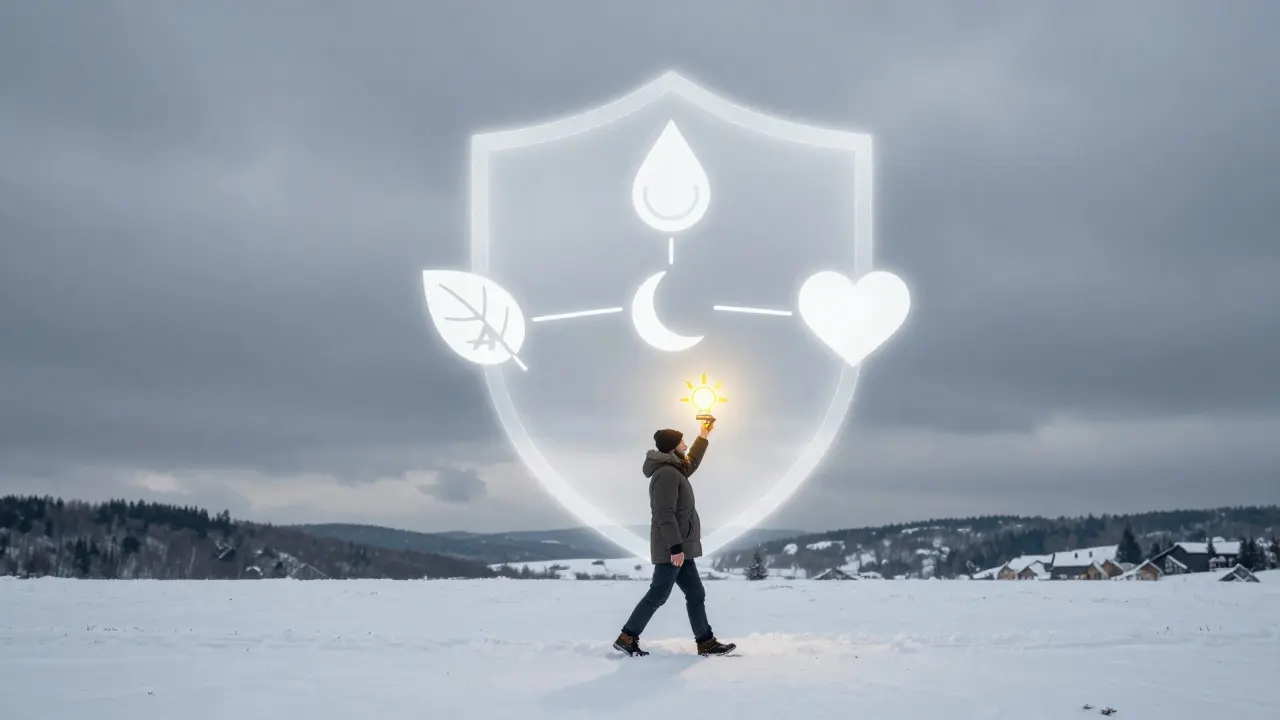 Postava v zimním kraji drží lampu ve tvaru slunce, kolem ní se objevuje štít zastupující celkovou podporu imunity.