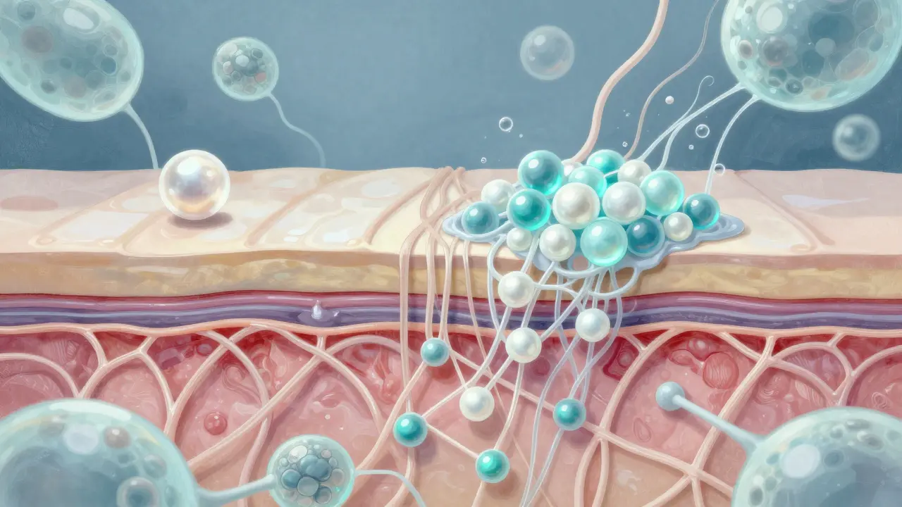 Příčný řez kůží s obnovou kolagenových vláken pomocí rybího kolagenu a vázáním vlhkosti.