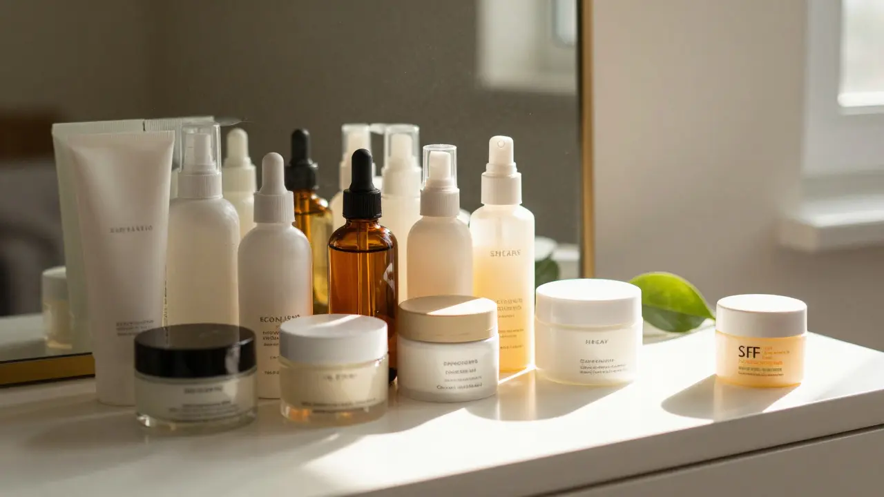 Pult s přeplněnými láhvičkami s péčí o pleť, jen jedna krémová láhev je jednoduchá.