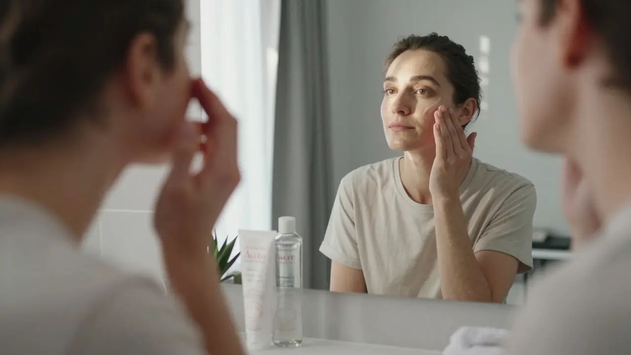 Ranní péče o pokožku s dermokosmetickým sérem v klidné domácí atmosféře.