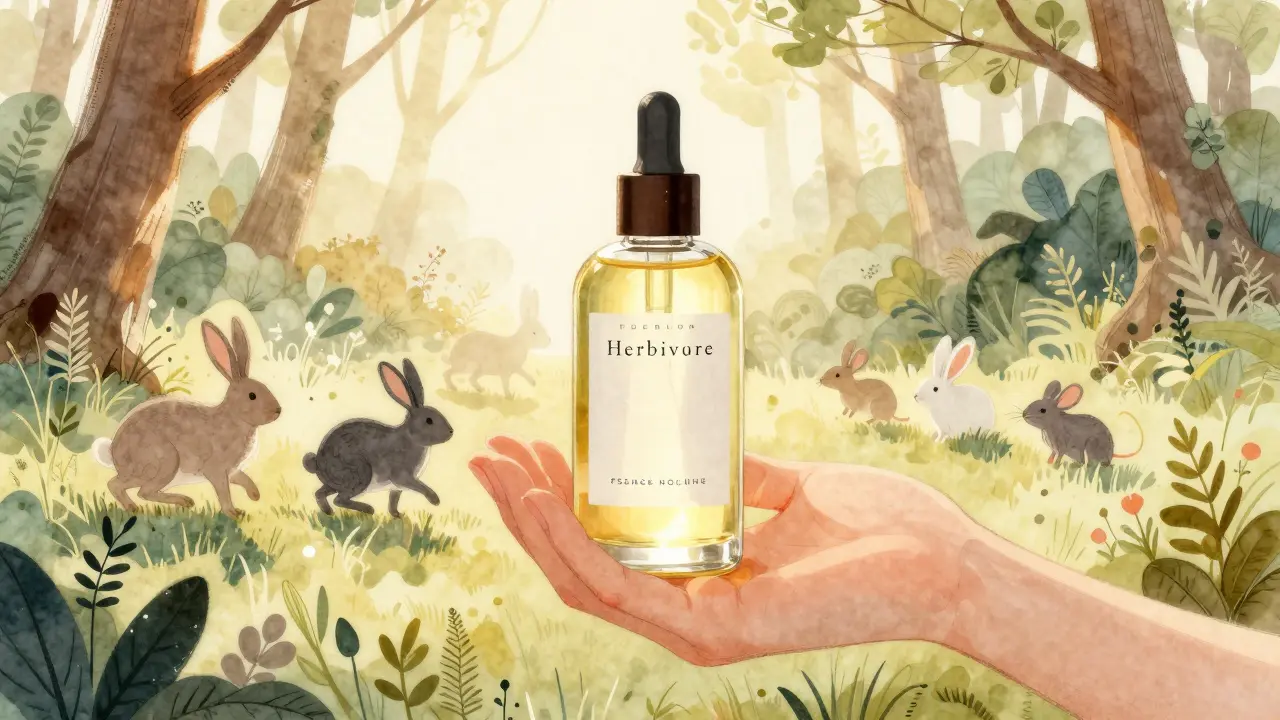 Ruka drží láhev tělového oleje Herbivore, za ní volně kráčejí králíci skrz les.