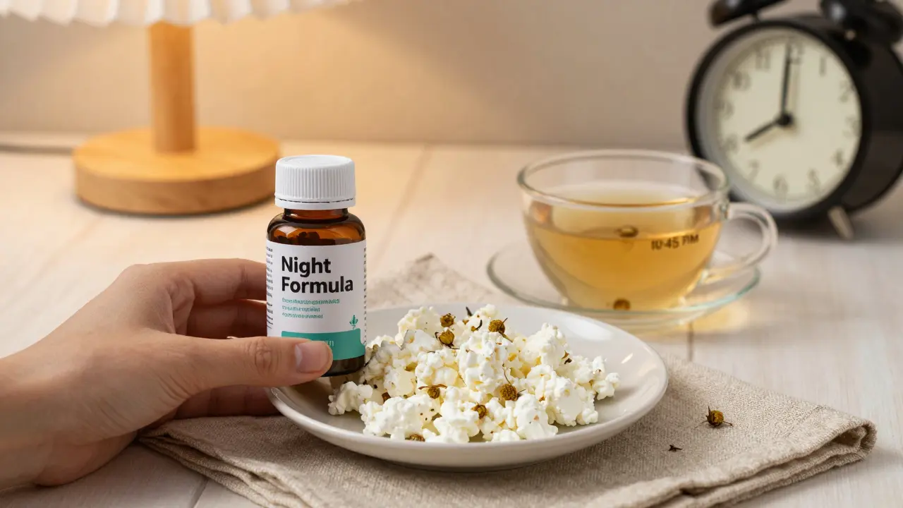 Ruka drží noční doplněk vedle tvarohu a čaje kamile, v klidném prostředí ložnice.