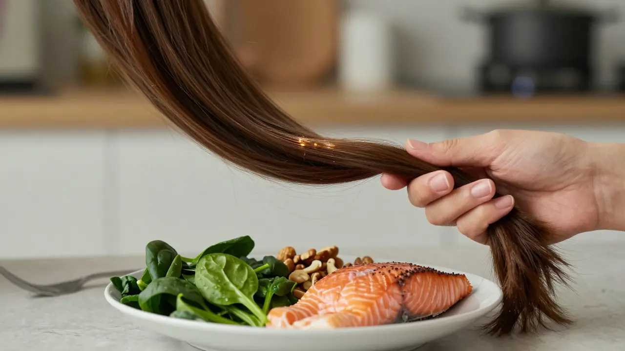 Rukou držená lesklá vláska proti pozadí zdravého jídla s lososem, špenátem a ořechy.