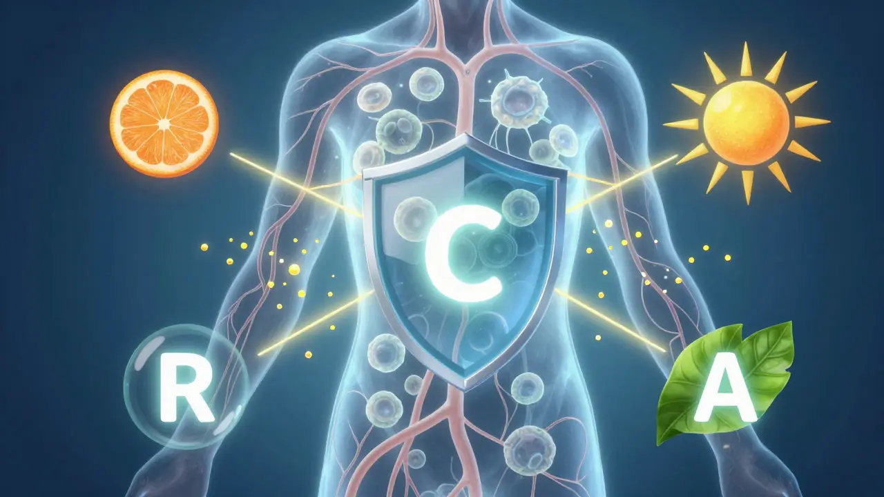 Translukentní lidské tělo s osvětlenými imunitními buňkami a symboly vitamínů C, D, zinku a A.