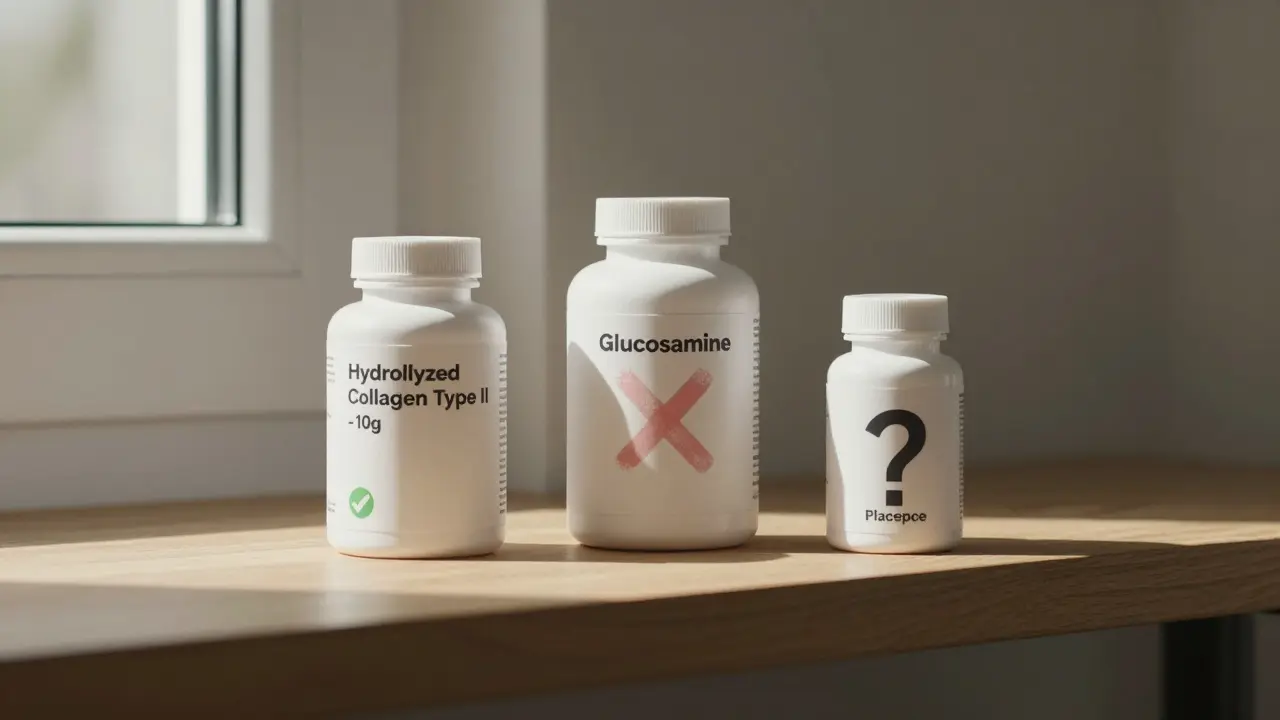 Tři lahve doplňků na polici: kolagen typu II, glukosamin a placebo s vizuálními značkami účinnosti.