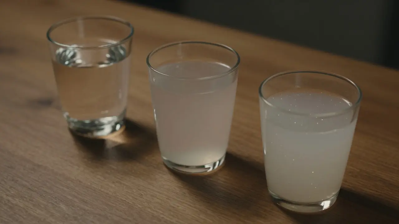 Tři sklenice s různými nápoji: voda, solný roztok a kefir — porovnání účinků při průjmu.