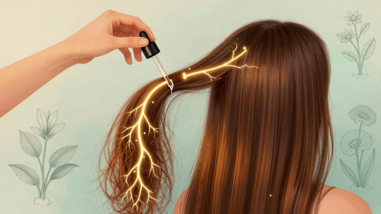 Ukázka vlasové péče jako léčebného systému s výživou pronikající do vlasů.