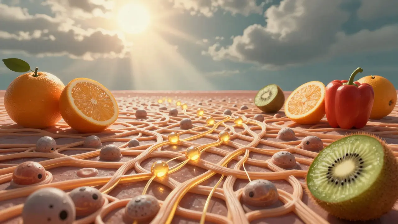 Umělecká reprezentace kolagenových vláken s peptidy a vitamínem C v kůži.