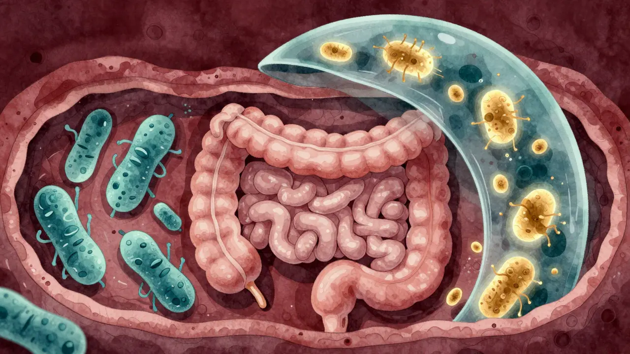 Vizualizace zdravého střevního mikrobiomu s kladnými bakteriemi Lactobacillus a ochranným štítem proti škodlivým kvasinkám.