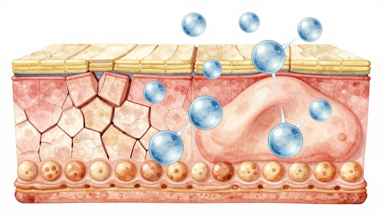 Vnitřní struktura kůže s molekulami vody a hydratačními látkami, které obnovují přirozenou bariéru.