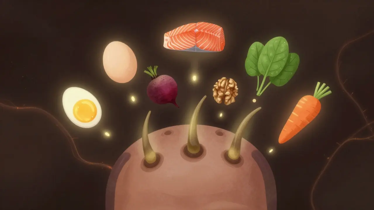 Zdravé vlasové folikuly září živinami z potravin jako vejce, losos a špenát, které plavou kolem nich.