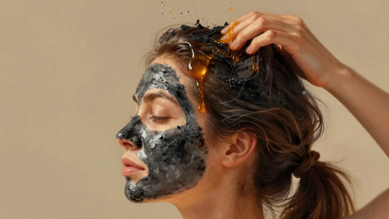 Žena aplikuje masku z černého uhlí a medu na kůži hlavy, přírodní složky jsou viditelné v textuře.