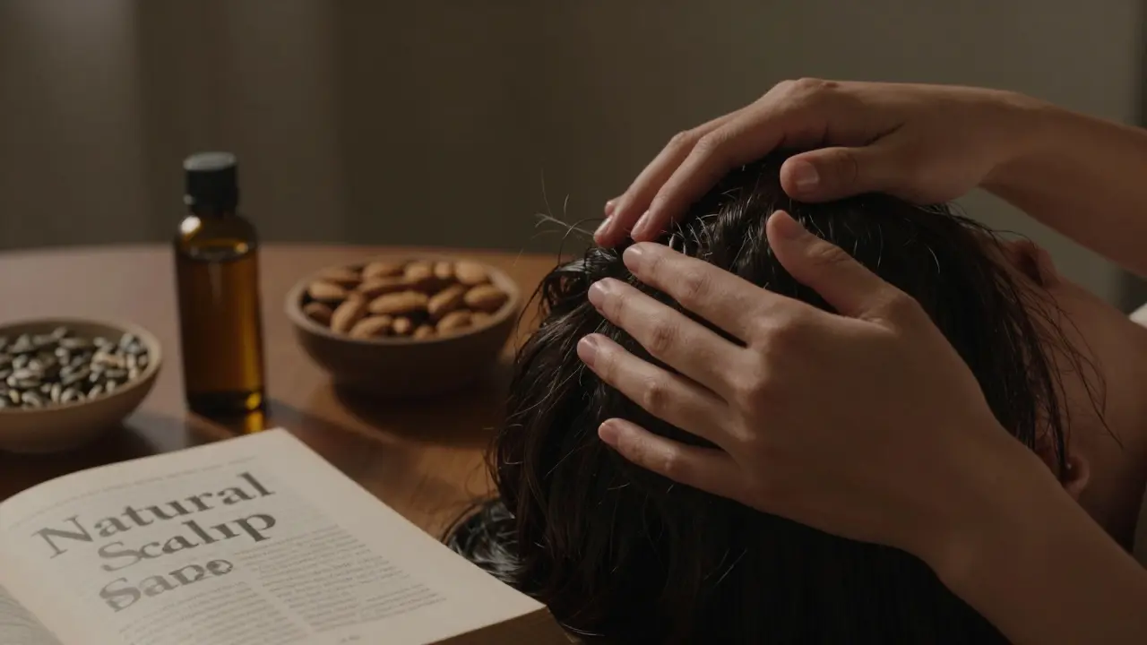 Žena jemně masíruje hlavu v teplém večerním světle, kolem ní přírodní potraviny a oleje, symbolizující holistickou obnovu.