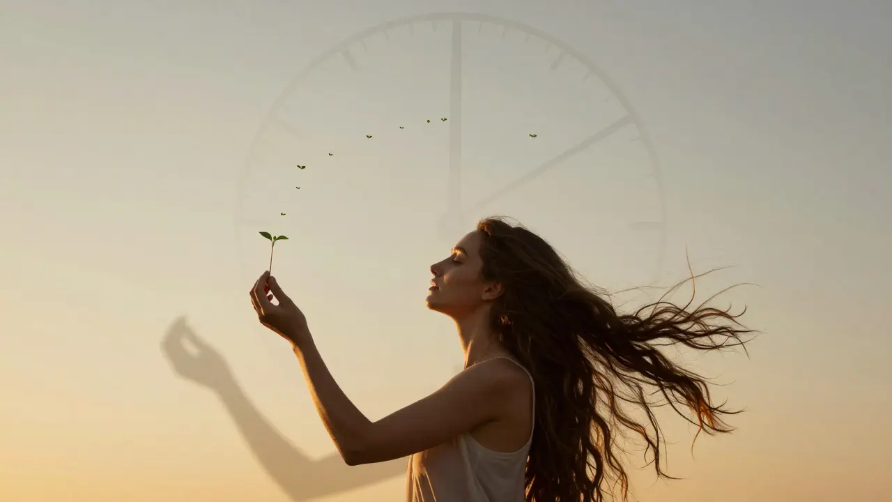 Žena uvolňuje vlas, který se mění v nový výhon.