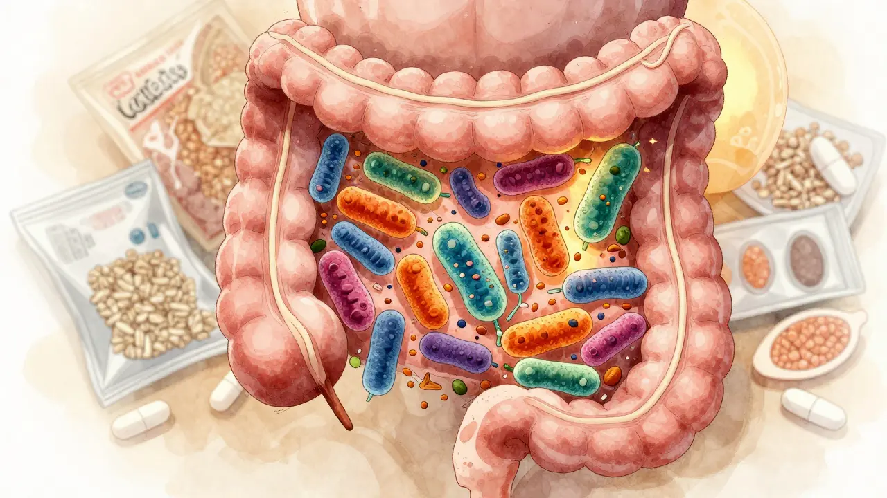 Živé laktobacily v střevech s vlákninou, proti pozadí zpracovaných potravin
