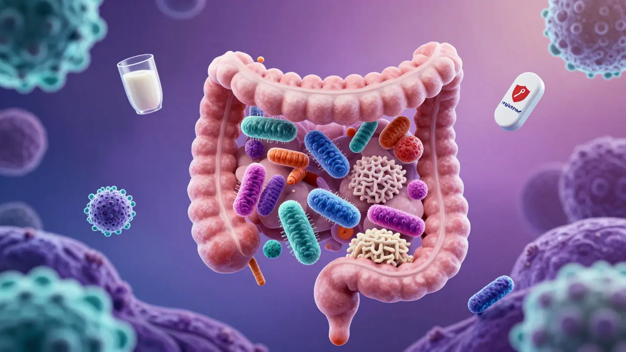 Abstraktní znázornění zdravého střevního mikrobiomu s probiotickými kmeny a přirozenými zdroji.