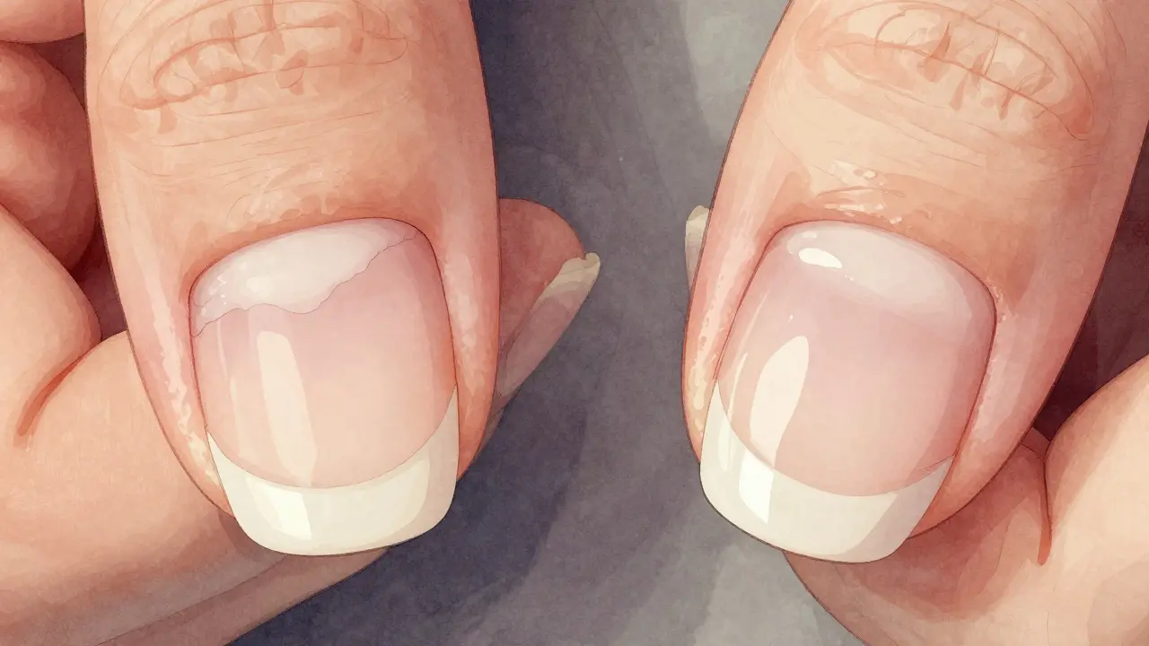 Blízký pohled na porovnání poškozeného a opraveného nehtu s vrstvami materiálu.