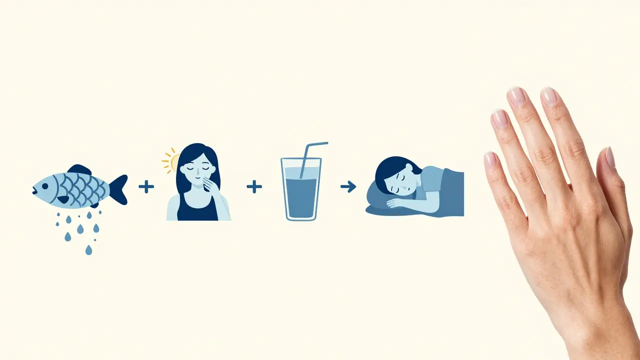 Časová osa ukazující přeměnu rybí šupiny na zdravou kůži, vlasy a nehty s prvky denního režimu.