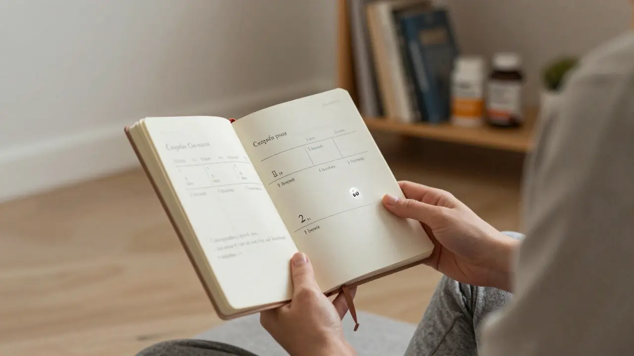 Člověk sleduje cyklické užívání probiotik v kalendáři, zdůrazňující pravidelné přestávky.