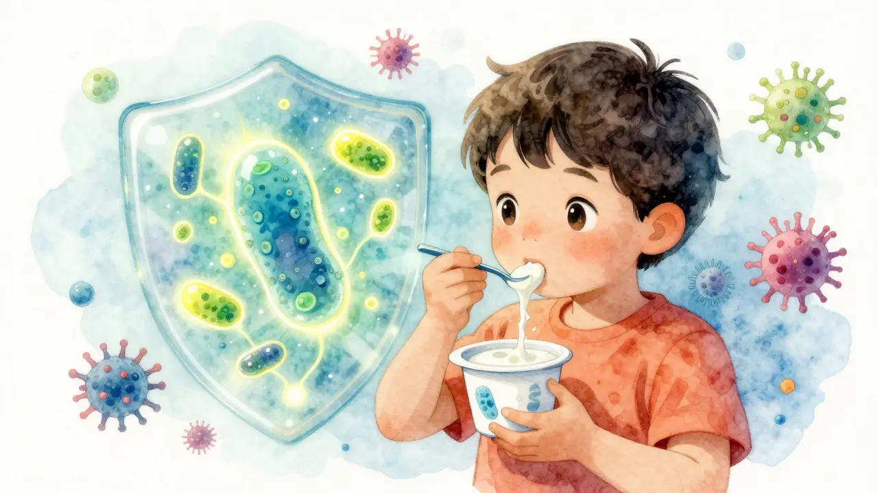 Dítě jí jogurt s probiotikovou ochrannou štítem