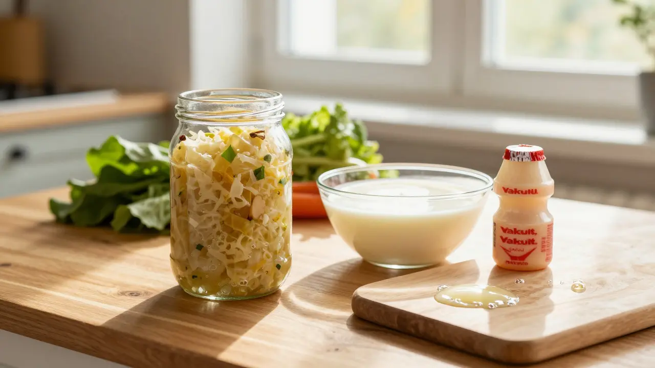 Domácí kuchyně s přirozenými zdroji probiotik: kefírem, kvaseným zelím a jogurtem.