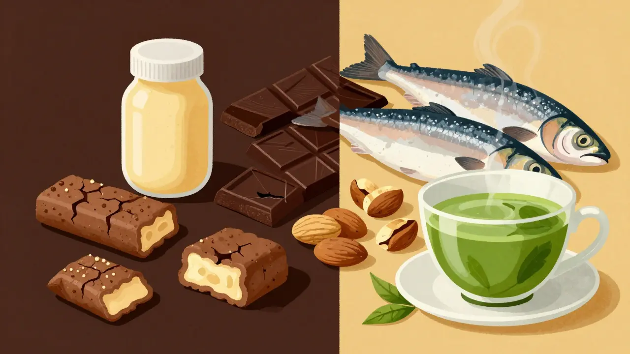 Dvě strany: špatné potraviny v temných tónech a zdravé potraviny v teplých odstínech, symbolizující dopad na pleť.